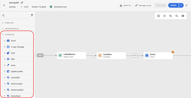 Action activities palette in the journey designer
