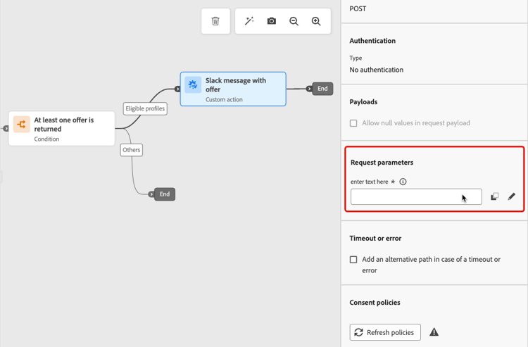 Edit the custom action's request parameters