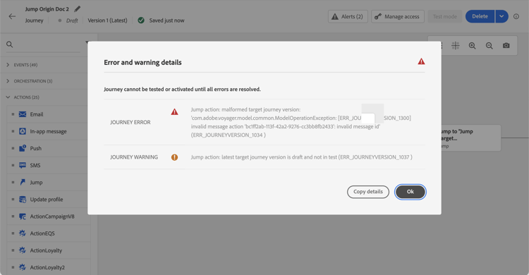 Journey analytics showing jump activity execution metrics