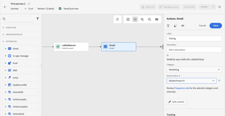 Add action activity dropdown showing available channel options