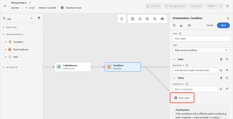 Add a path button in condition activity to create additional paths