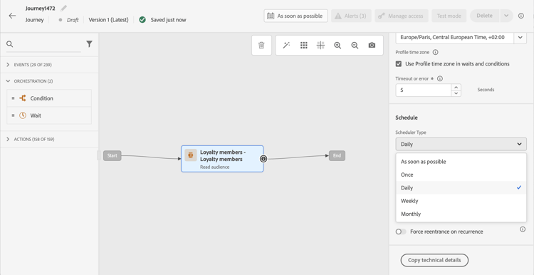 Scheduler type dropdown with frequency options: once, daily, weekly, monthly