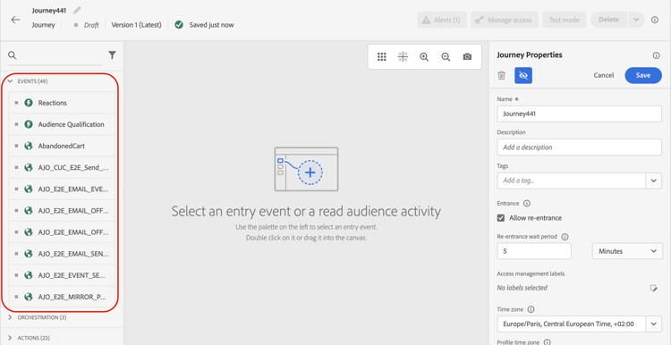 Event activities palette in the journey designer