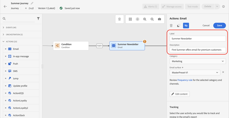 Label and Description fields in the journey activity properties