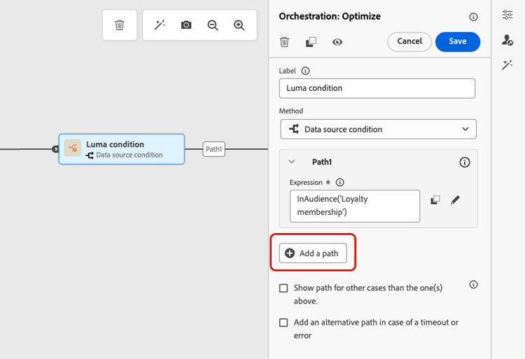 Add a path button to create multiple condition paths