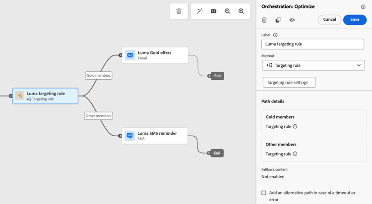 Journey paths with email for Gold members and SMS for others