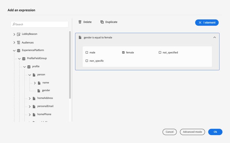 Data Source condition with advanced expression editor