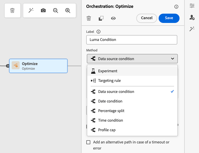 Optimize activity with Condition method selected
