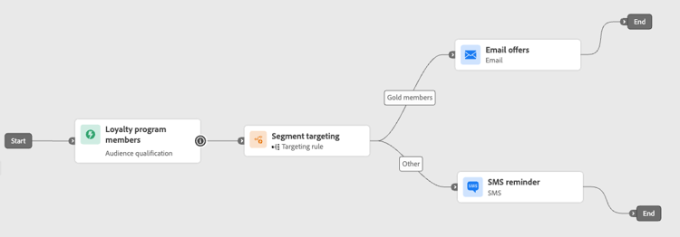 Segment-specific channels targeting Gold members with email and others with SMS