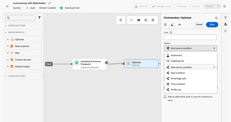 Optimize button in journey activity palette