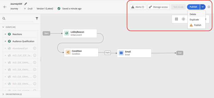 Journey action buttons: Publish, Duplicate, Delete, Test mode, Manage access, Alerts