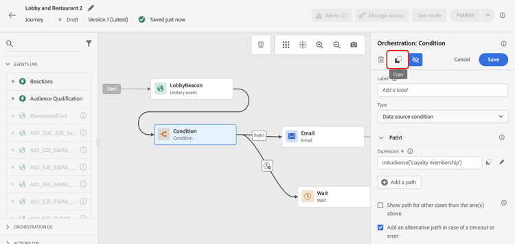 Copy icon in activity configuration pane