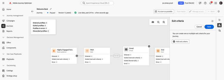 Add a profile attribute exit criteria to a paused journey