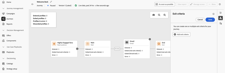Add a profile attribute exit criteria to a paused journey