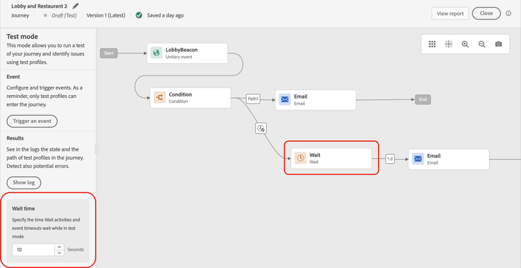 Wait time parameter configuration in test mode