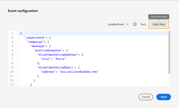 Code view of event payload in JSON format for advanced configuration