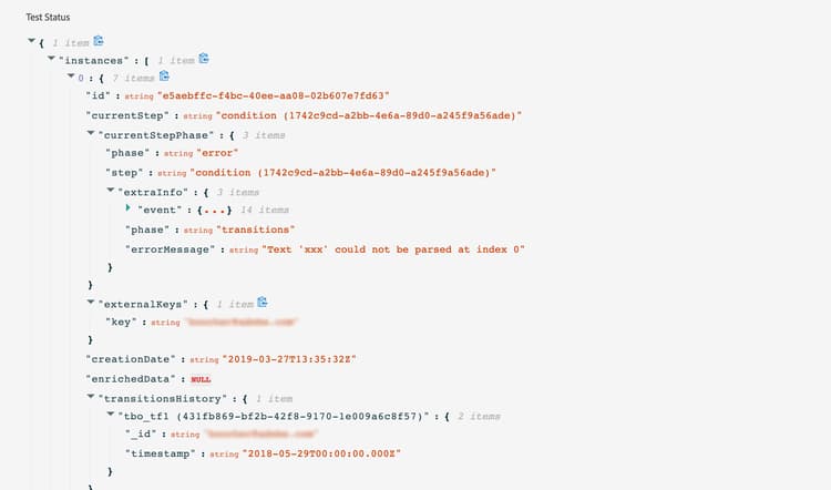 Test logs displaying journey execution results in JSON format