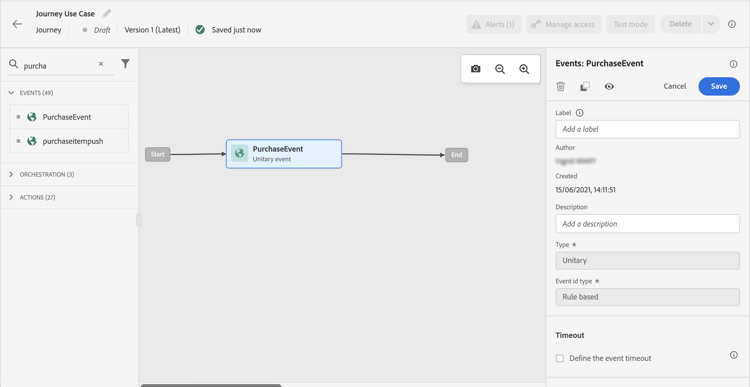Journey canvas with event and Campaign action configured