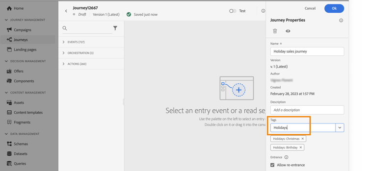 Tags panel in journey properties for categorization and organization