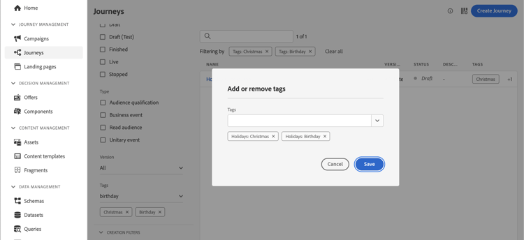 Journey list filtered by tags showing categorized journeys