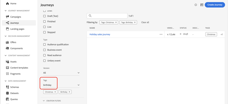 Tag selection dropdown with available tags for journey classification