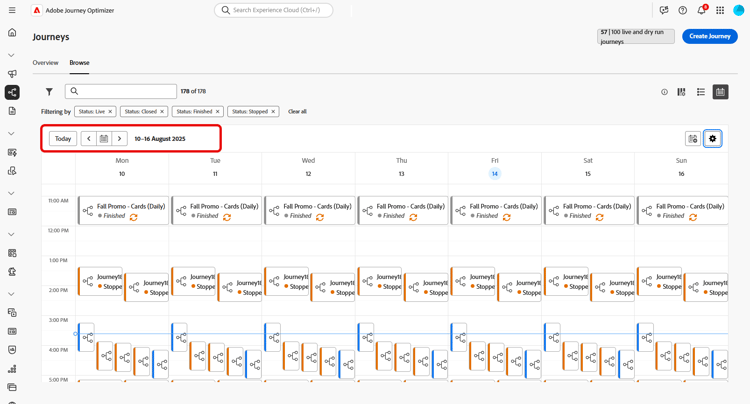 calendar view showing live journeys