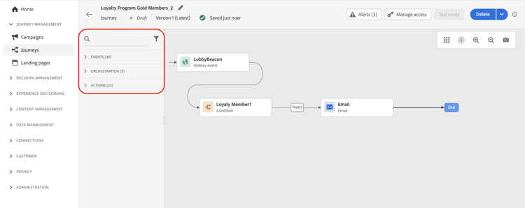 Journey designer interface with palette, canvas, and properties pane