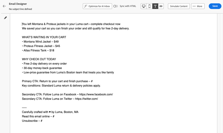 Generated text in the text version view