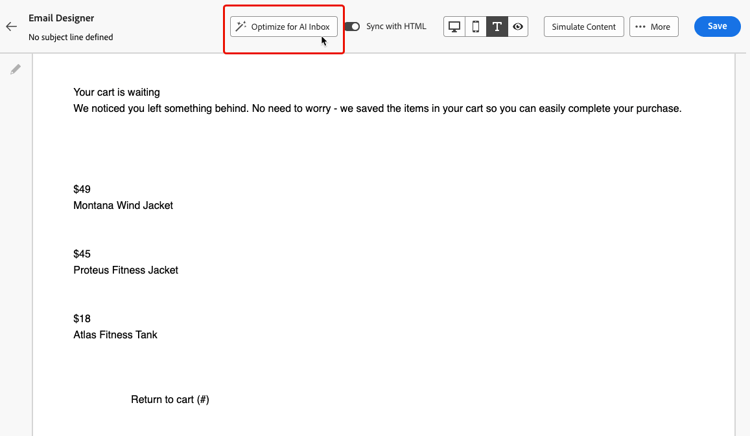 Optimize for AI Inbox button in the text version view