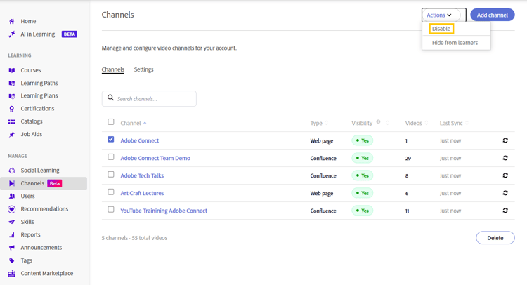 Select Disable from the Actions menu to disable one or more selected channels.