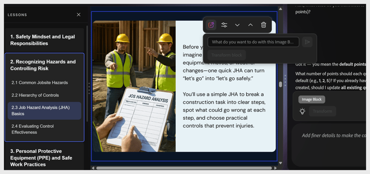 The image block toolbar, with options to reorder the block and an AI prompt field