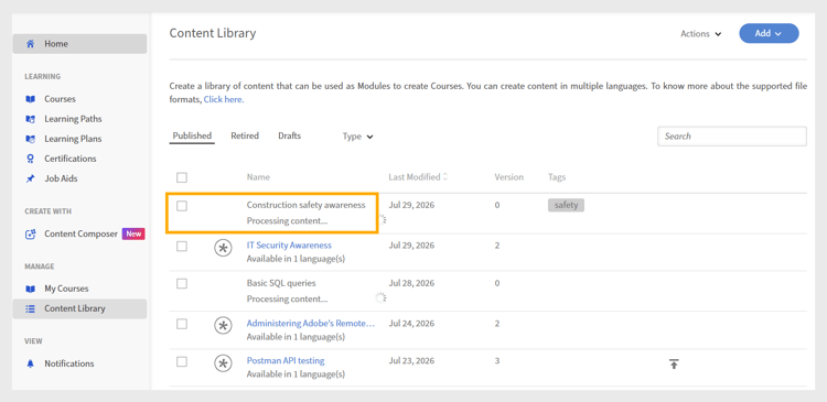 The Content Library in Adobe Learning Manager, showing published and processing modules
