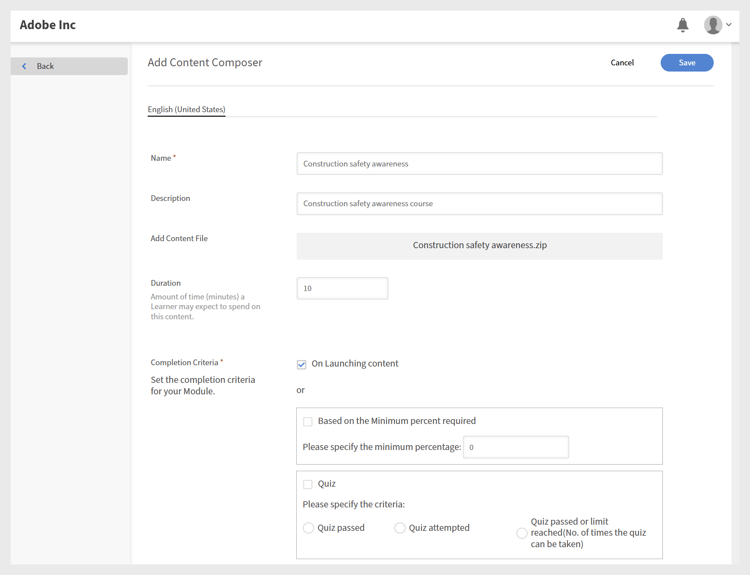 Module metadata and completion criteria fields
