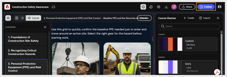 A published course with a custom header, logo, and font theme applied