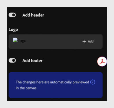 The Add header and Add footer toggles in the Edit theme panel