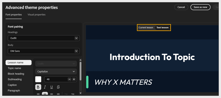 The Test lesson preview in Advanced theme properties