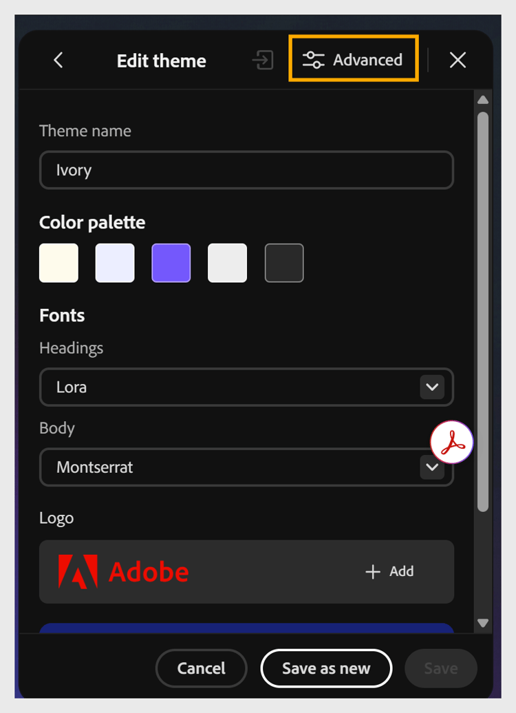 The Advanced button in the Edit theme panel