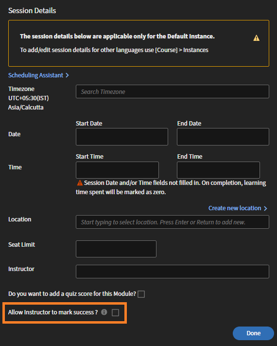 The "Allow Instructor to mark success?" checkbox is highlighted, enabling authors to let instructors record learner success status for a module