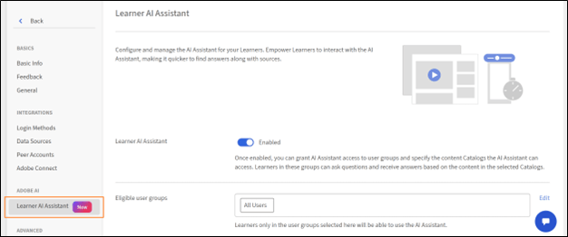 Administrators console displays the toggle enabled for Learner AI Assistant