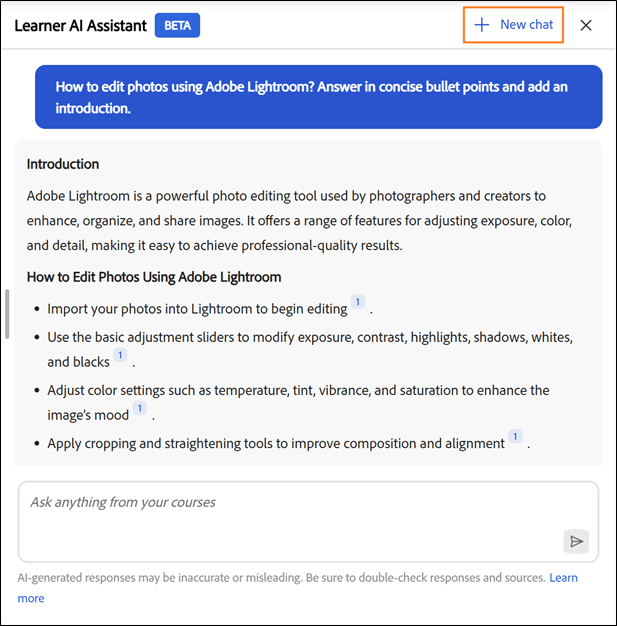 Start a new chat in Learner Assistant