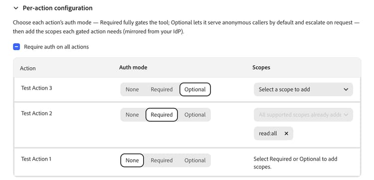 Authentication — set an auth mode and scopes for each action