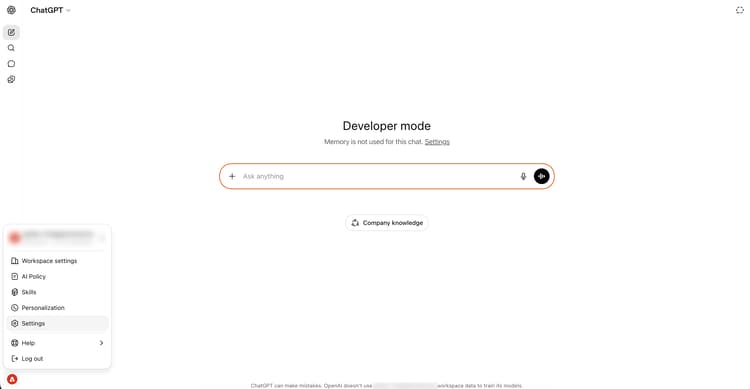 ChatGPT — Settings menu