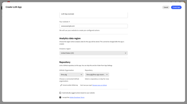 Create App dialog — repository linked