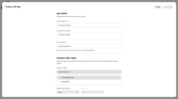 Analytics data region dropdown