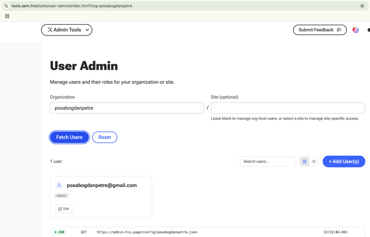 EDS User Admin tool showing a user with the admin role