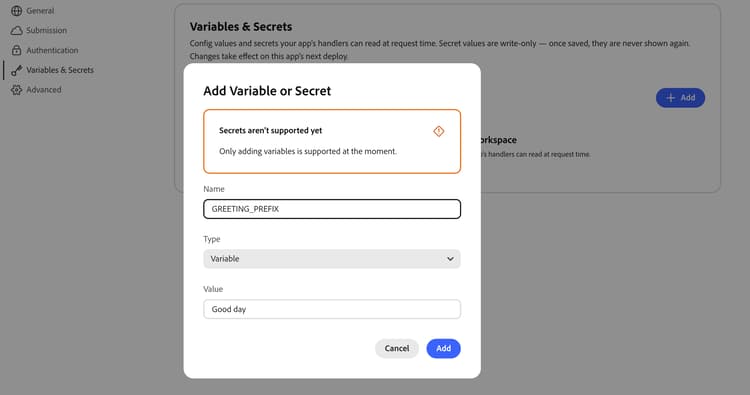 Add Variable or Secret — GREETINGPREFIX set to Good day