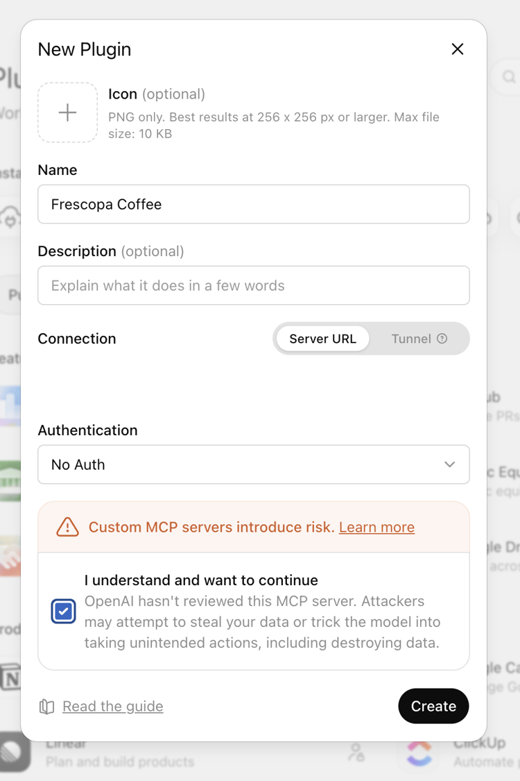 ChatGPT — create a plugin with the MCP server URL