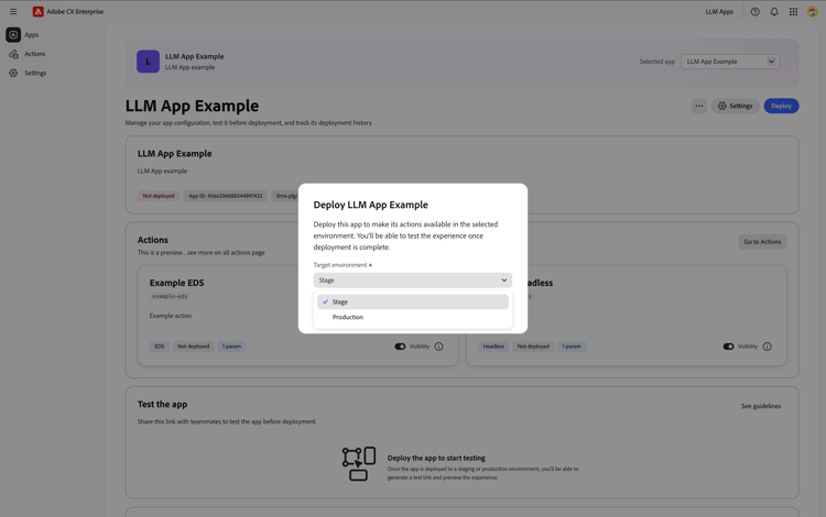 Deploy dialog — select target environment