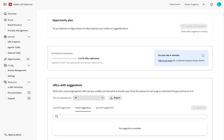 Fixed suggestions with Optimized status