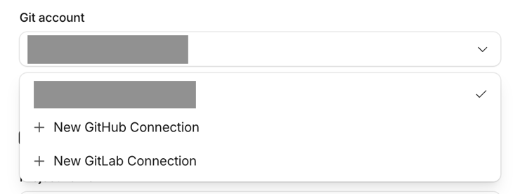 Git account dropdown showing New GitHub Connection and New GitLab Connection options